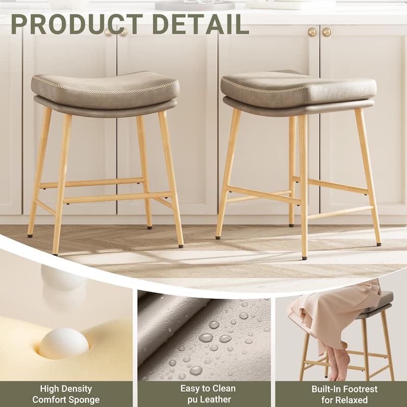 24 Inch Bar Stools with Footrest, Saddle Seat Backless Counter Stools for Kitchen Island