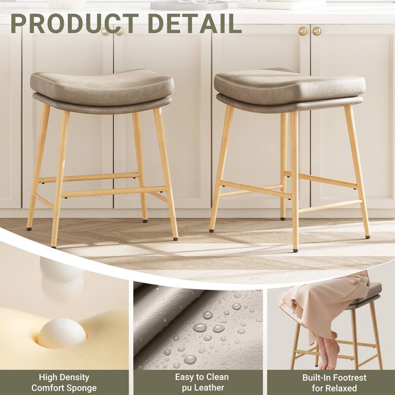 RENEWLINE Metal Bar Stools, 24 Inch Backless Counter Height Stools（Set of 2/3/4/6） with PU Leather Seat & Footrest