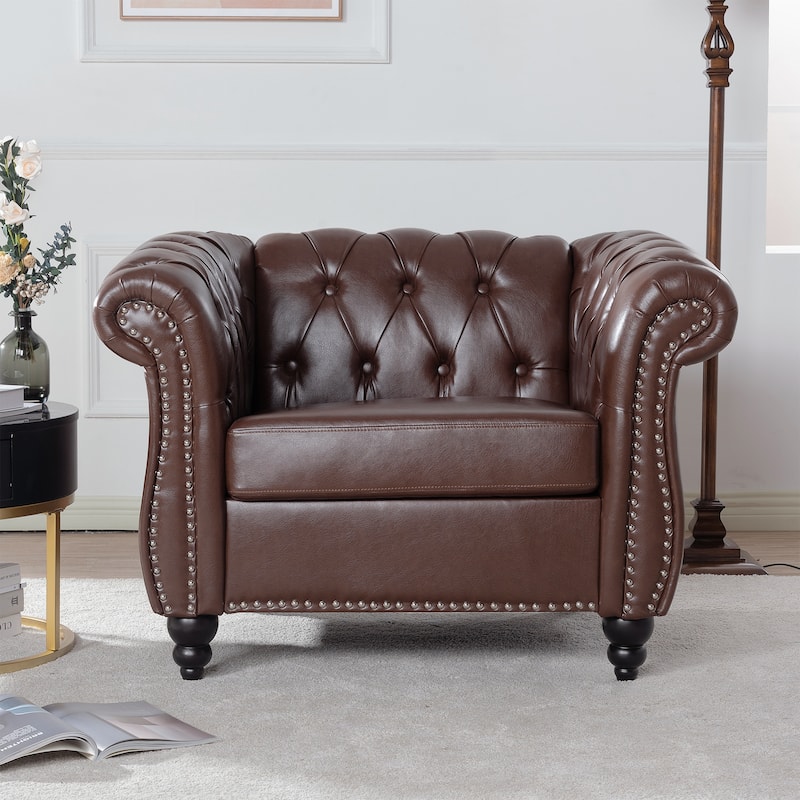 Oversized Brown Faux Leather Tufted Sofa Chair - 32.09 x 38.98 x 28.35 - Dark Brown