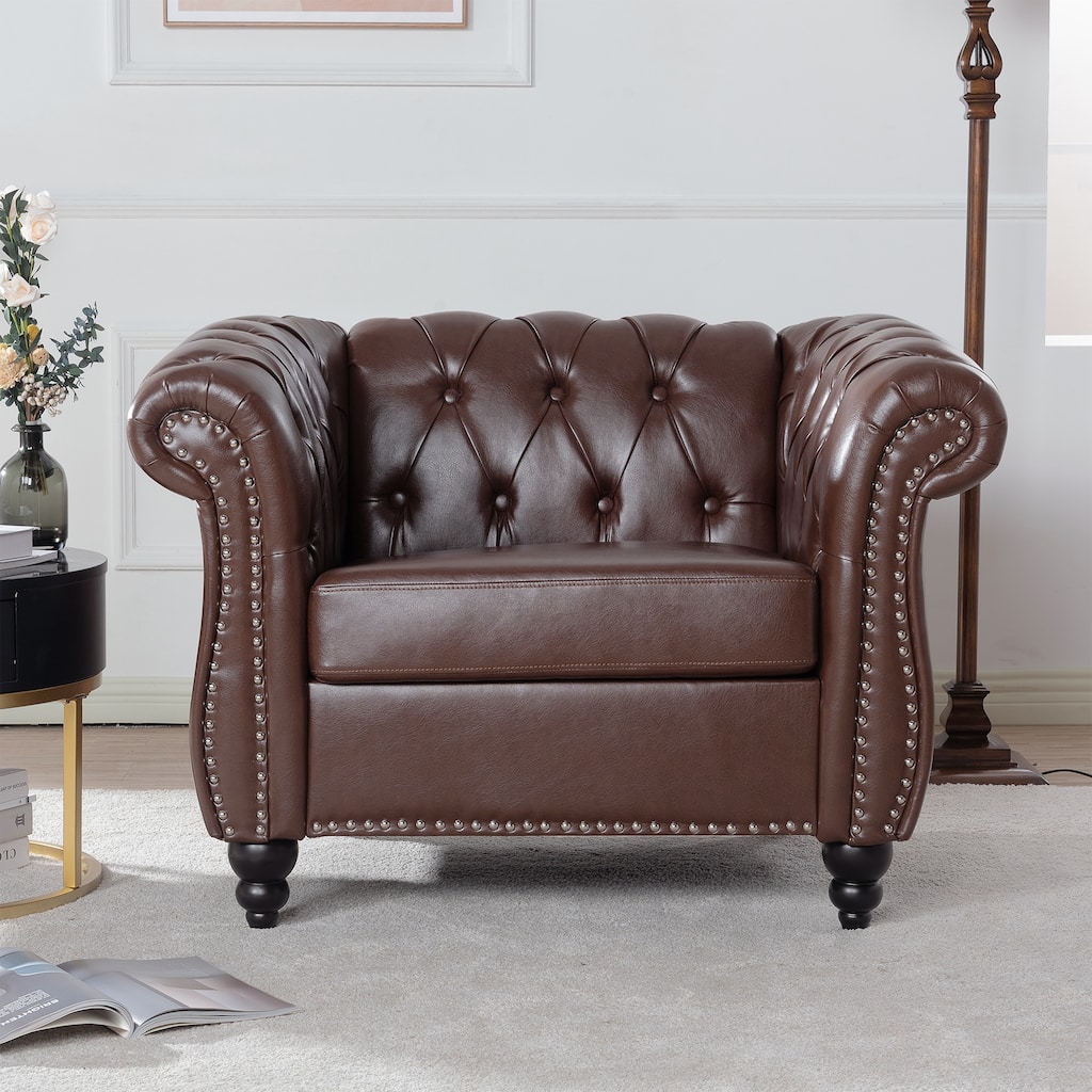 Dark Brown PU Modern 38.98" Upholstered Buttons Tufted Accent Chair with Gourd Shaped Birch Legs and Nailheads