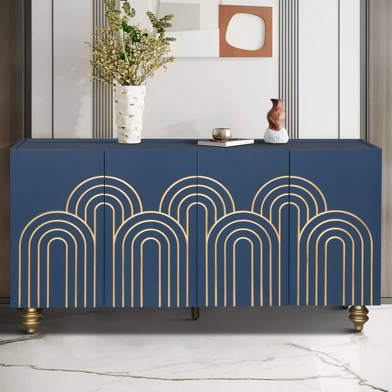 Fluted Sideboard with Storage, Coffe Bar Cabinet with 4 Doors and Wire Holes, Storage Cabinet with Adjustable Shelves - Navy Blue