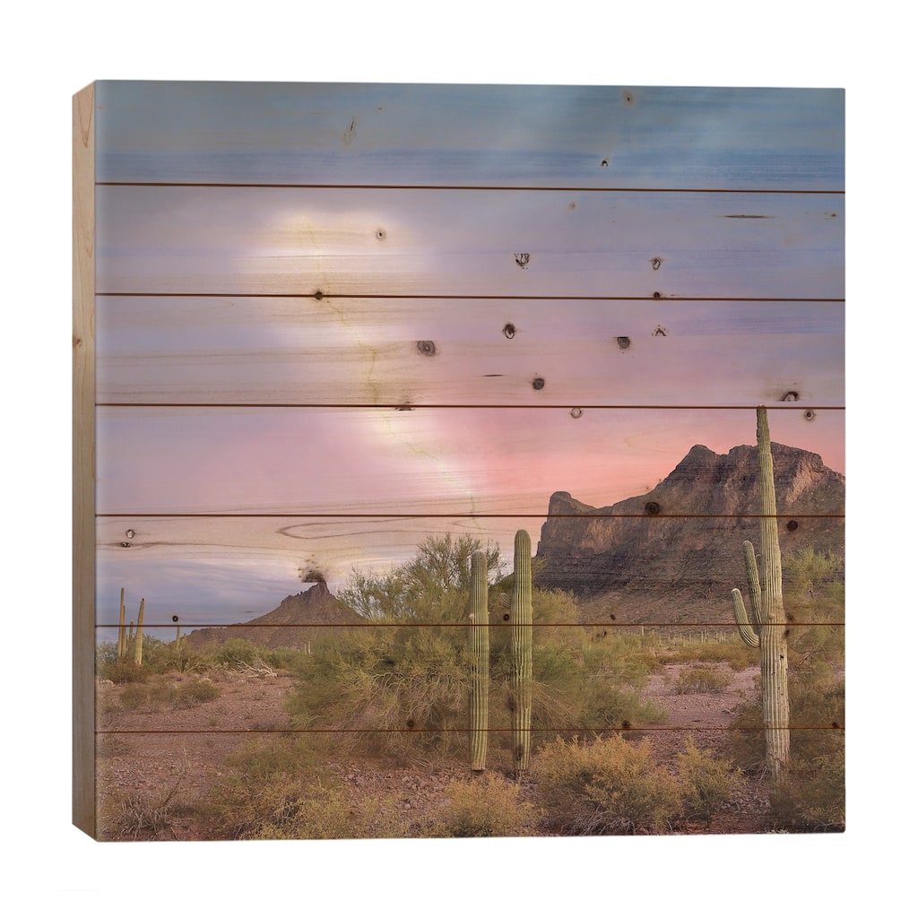 Saguaro (Carnegiea Gigantea) Cacti With Lightning Over Peak In Desert, Picacho Peak State Park Print On Wood by Tim Fitzharris