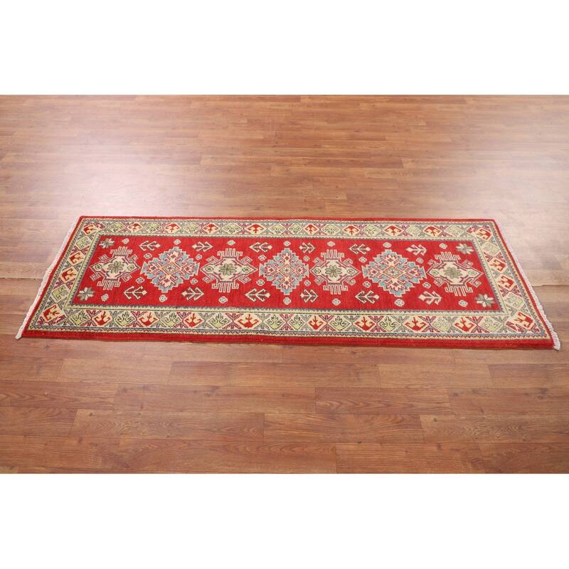 Red Geometric Kazak Oriental Runner Rug Handmade Wool Carpet - 2'1" x 5'10"