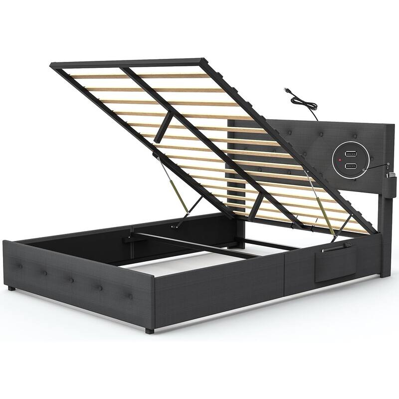 Dark Gray Queen Size Metal Platform Bed with Storage, Wingback Headboard & USB