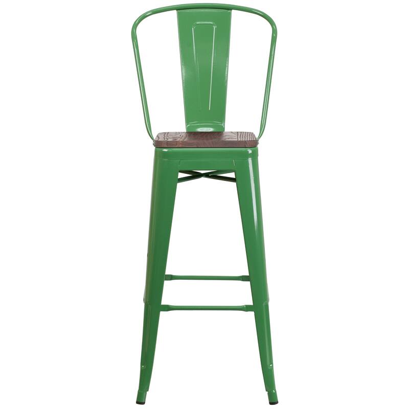 30" High Metal Barstool with Back and Wood Seat - 17.75"W x 20"D x 45.25"H