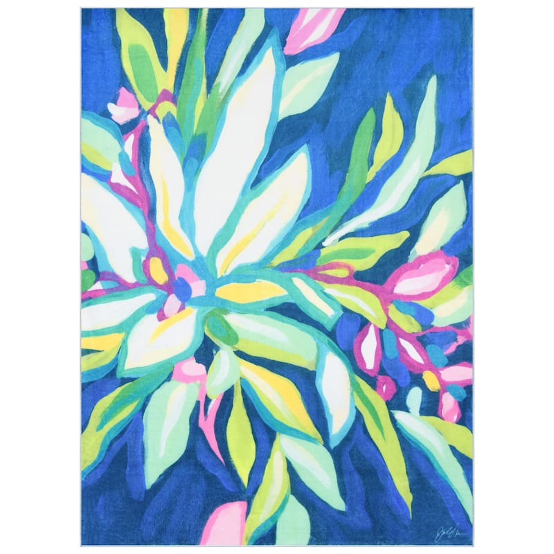 Blue Tropics I, Hand Washable Flowers Art Area Rug, power-loomed, 100% polyester, 2mm pile, non-slipping back