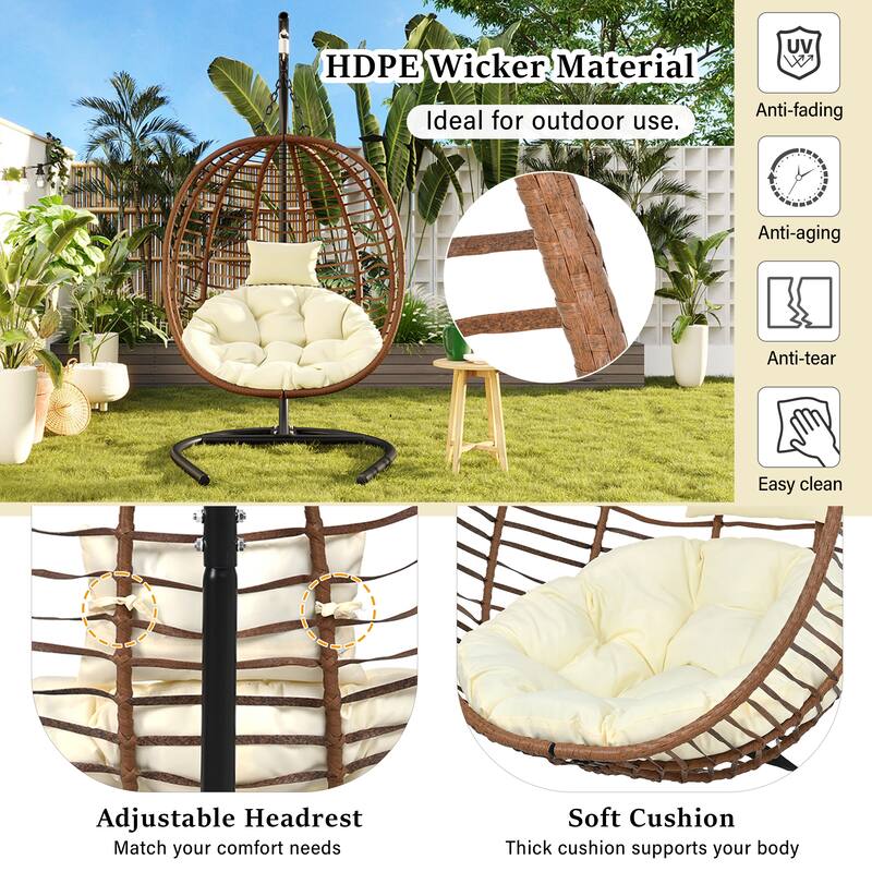 Single Person Folding Egg Chair Hanging Egg Chair with Stand, Wicker Hammock Swing Chair with Adjustable Anti-Slip Feet