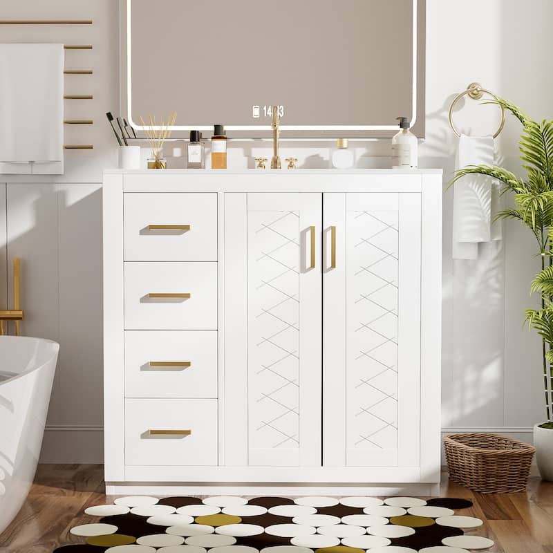 36'' Freestanding Bathroom Vanity Set–Features a Ceramic Sink, Solid Wood Frame,3 Soft-Closing Drawers, and Ample Storage Space. - White