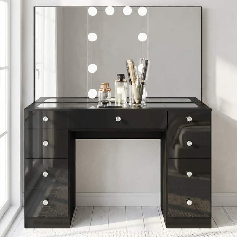 Boahaus Hollywood Makeup Vanity Desk with Lighted Mirror and Power Station; Modern Dressing Table with Storage Drawers - Black