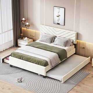 Flannel Platform Queen Bed Frame with Twill Headboard Trundle Drawers