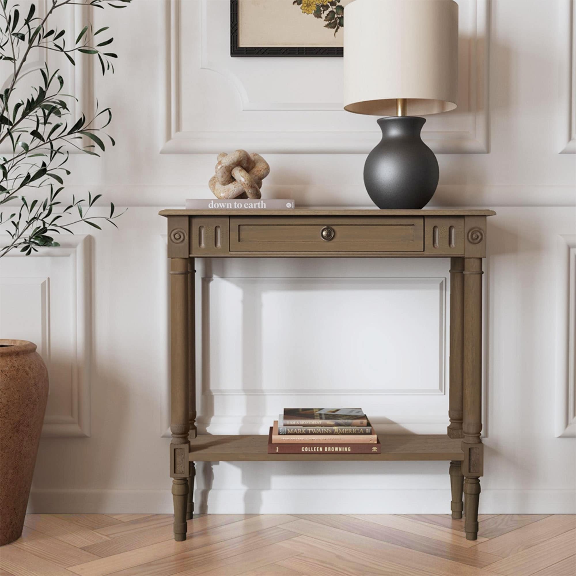 Marisol Narrow Console Table with Drawer & Shelf – Bayur Wood, Black by East at Main