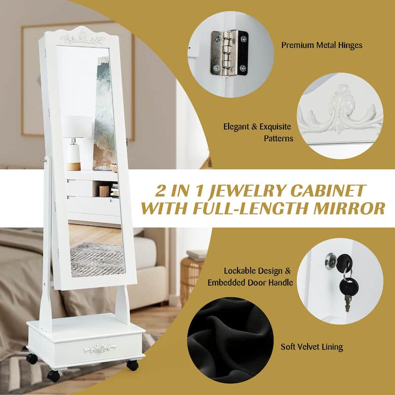 Gymax Rolling Jewelry Cabinet Armoire Full Length LED Mirror Lockable