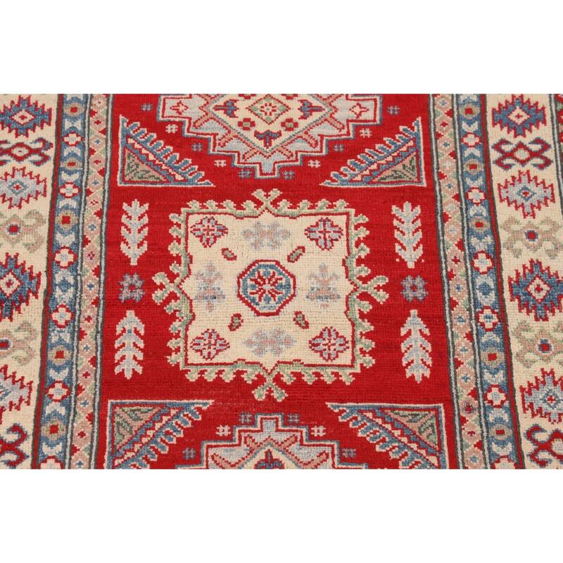 Red Geometric Kazak Accent Rug Hand-Knotted Wool Carpet - 3'4" x 4'11"