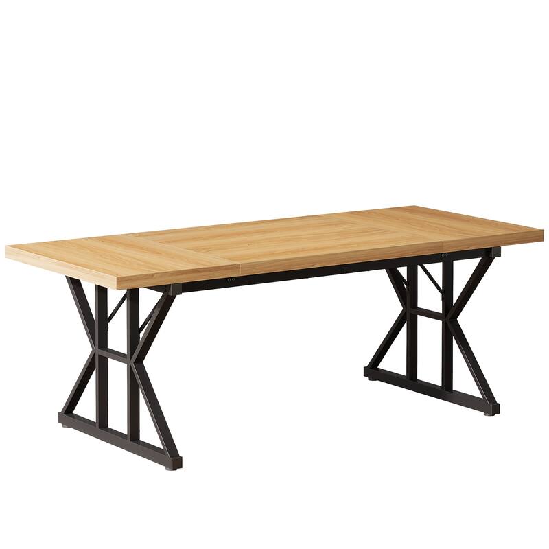 71" Farmhouse Dining Table Rectangular with X-Trestle Metal Legs Light Walnut & Black