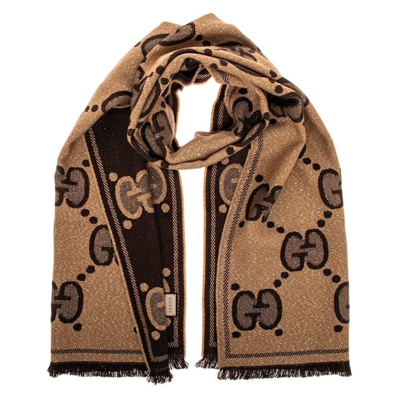 Gucci GG Wool Jacquard Scarf with Metallic Thread - Brown