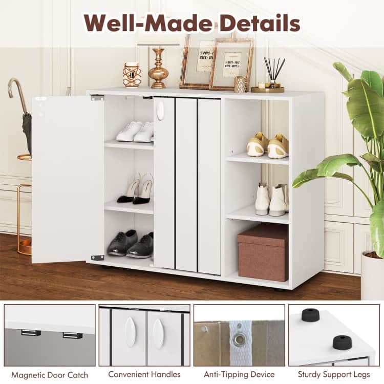 Shoe Storage Cabinet with Doors and Open Shelves Adjustable Wooden Entryway Organizer - 31.5" x 12" x 25.5"