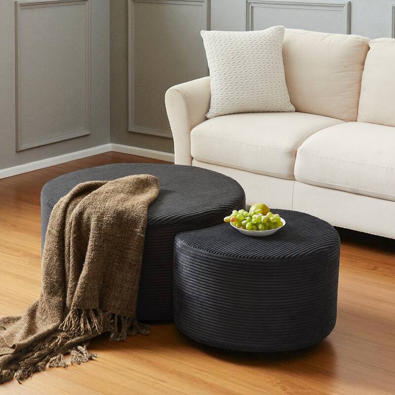Set of 2 Round Nesting Coffee Tables, Upholstered Corduroy Ottoman Accent Tables, Modern Foam Design, No Assembly