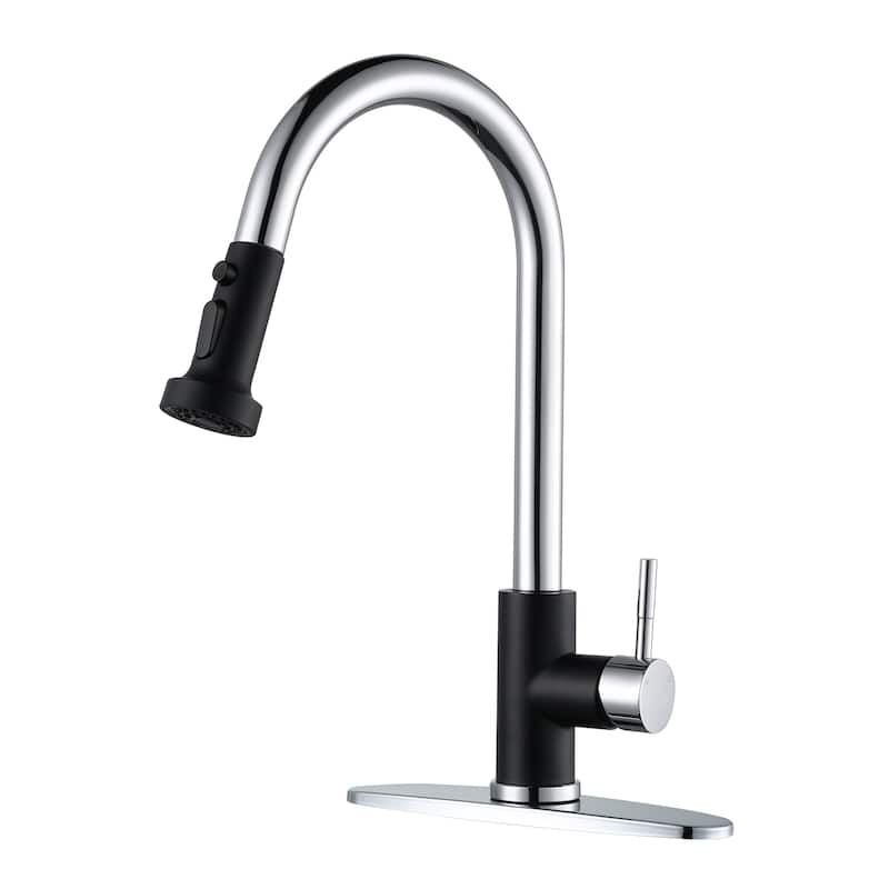 WOWOW Single Handle Pull Down Sprayer Kitchen Faucet - Chrome and Black