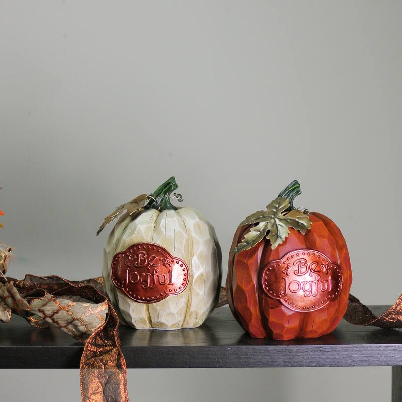 Autumn Harvest "Be Joyful" Pumpkin Figurines - 7.75" - Set of 2