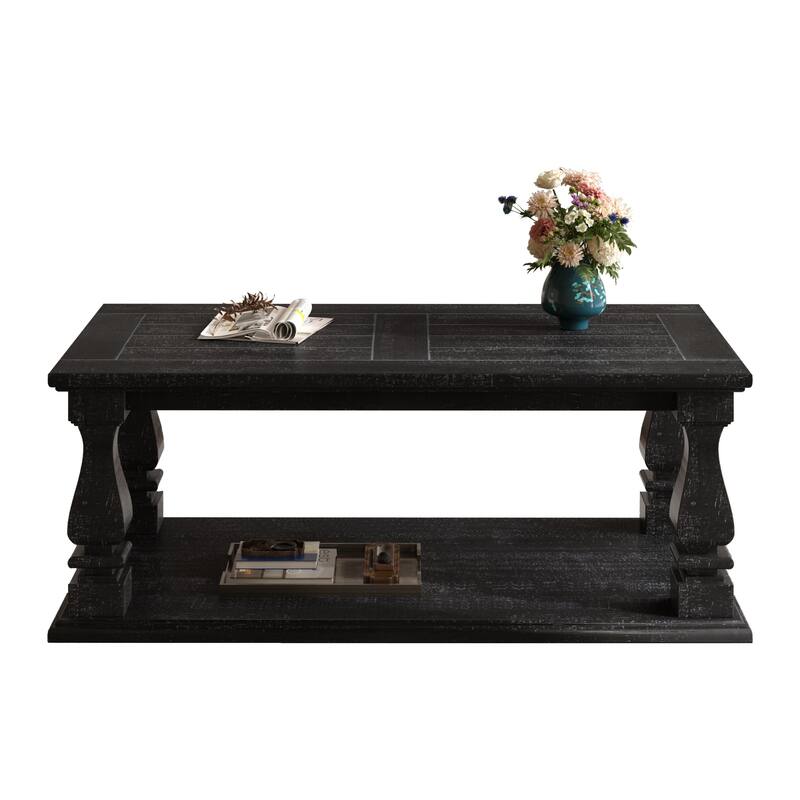 Roomfitters 47" Farmhouse Coffee Table, Rustic Wood Center Table with Heavy Planked Top & Square Baluster Legs