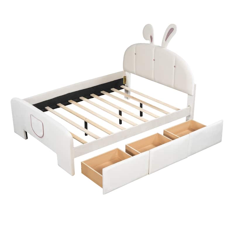 Full Size Velvet Platform Bed with Rabbit-Shaped Headboard, with Drawers, with Bed-End Storage Pocket