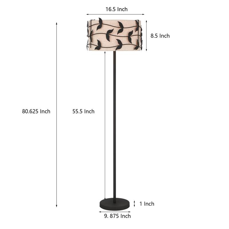 Acroma Black/Gold Leaf-Accent Fabric Shade Floor Lamp