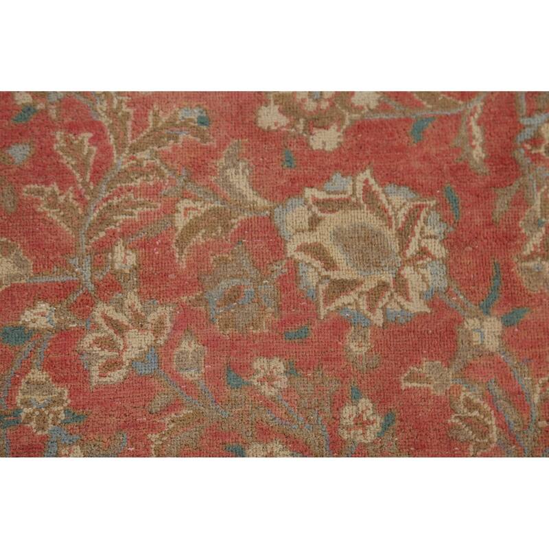 Distressed Mashad Persian Vintage Rug Hand-Knotted Floral Wool Carpet - 8'10"x 13'10"