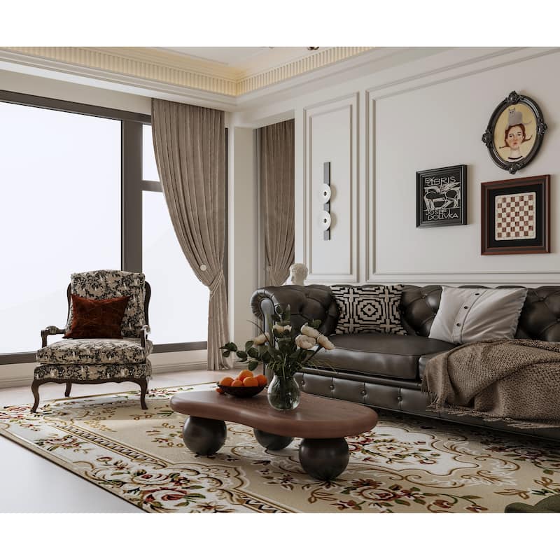 40 Inch Cloud Shaped Coffee Table with 3 Ball Legs for Living Room, Walnut Top Black Legs