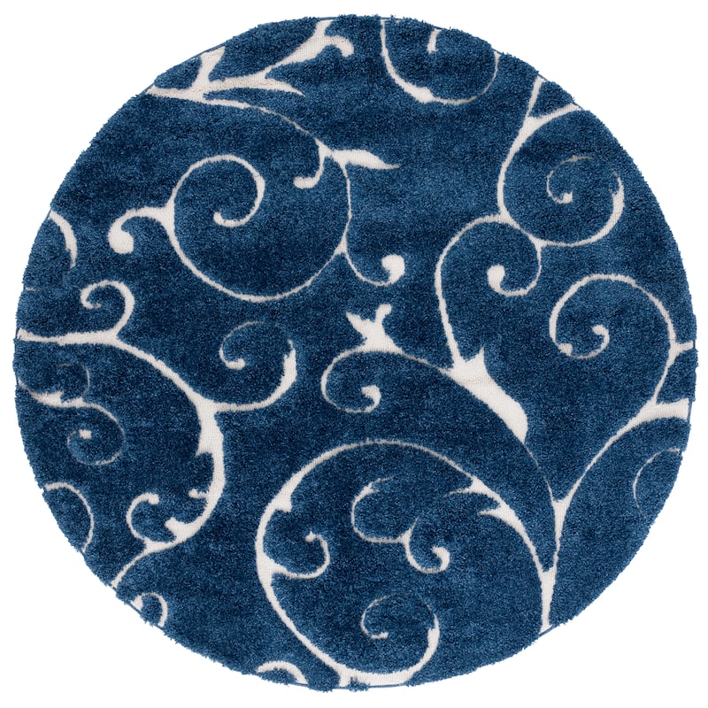 SAFAVIEH Florida Ryung Shag Scroll 1.2-inch Thick Textured Rug - 5' Round - Dark Blue/Cream