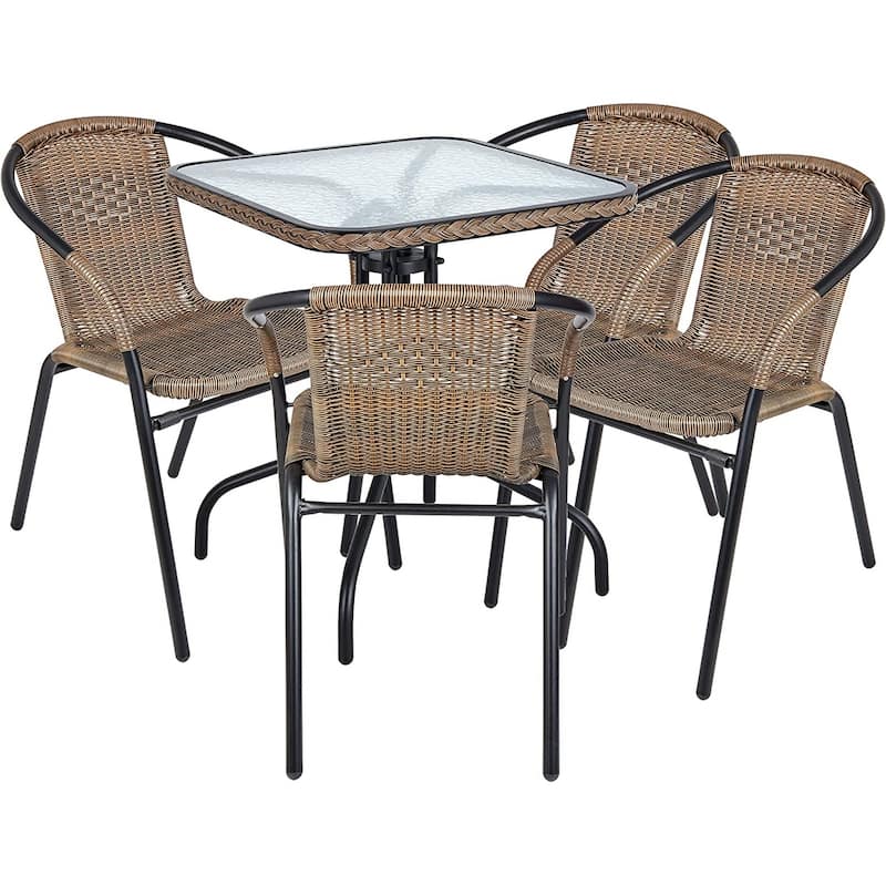 BTEXPERT Indoor Outdoor 28" Square Tempered Glass Metal Table Brown Rattan Trim + 4 Brown Restaurant Rattan Stack Chairs - Brown