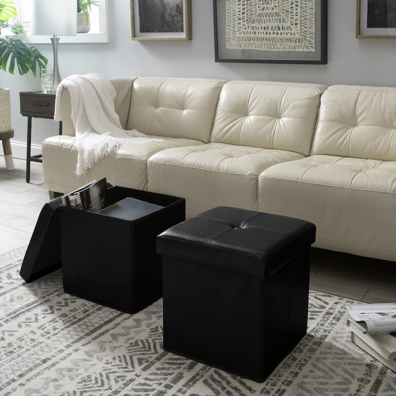 Simplify Black Leather Folding Storage Ottoman Cube - 15" x 15" x 15"