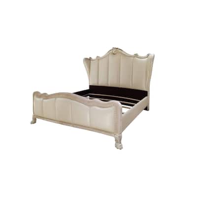 California King Bed - Coastal Wingback Bed Frame with Nailhead Trim - Bone White Finish