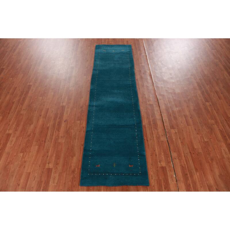 Hand Knotted Oriental 100% Wool Carpet Tribal Animal Pictorial Navy Blue & Blues Gabbeh Runner Rug - 9' 10'' X 2' 7''