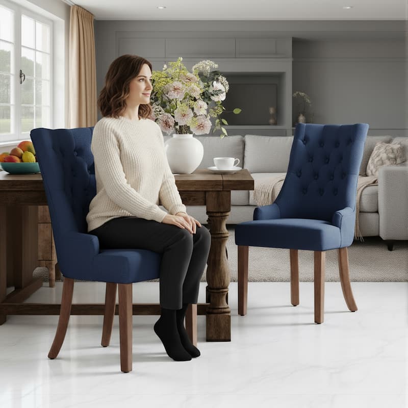 Wingback Upholstered Dining Chairs, Fabric Side with Tufted Button