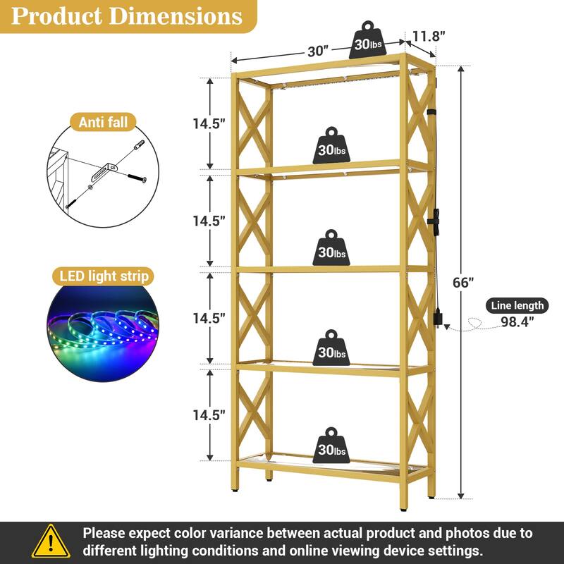 Modern Gold Bookshelf with Tempered Glass Shelves, 3-5 Tires Display Storage Shelving
