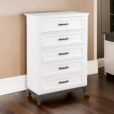 Thiem 51 Inch Tall Dresser Chest with 5 Drawers, Black Handles, White Wood