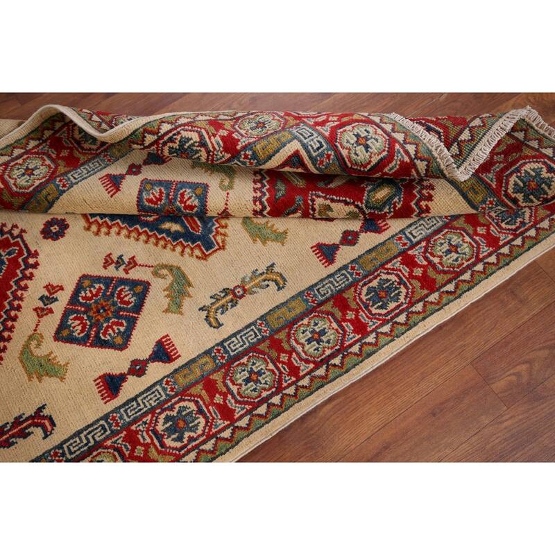 Geometric Kazak Accent Rug Hand-Knotted Beige Wool Carpet - 3'3" x 5'1"