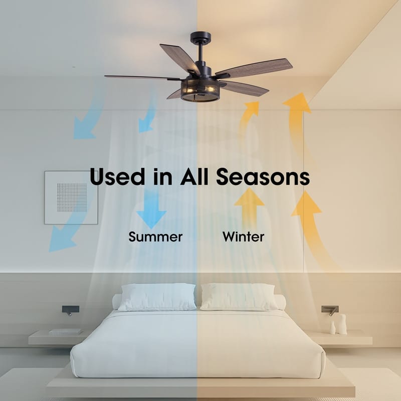 52 Inch Farmhouse Ceiling Fan with Light and Remote Black Industrial Caged Ceiling Fans Flush Mount 6-Speed Design for Bedroom