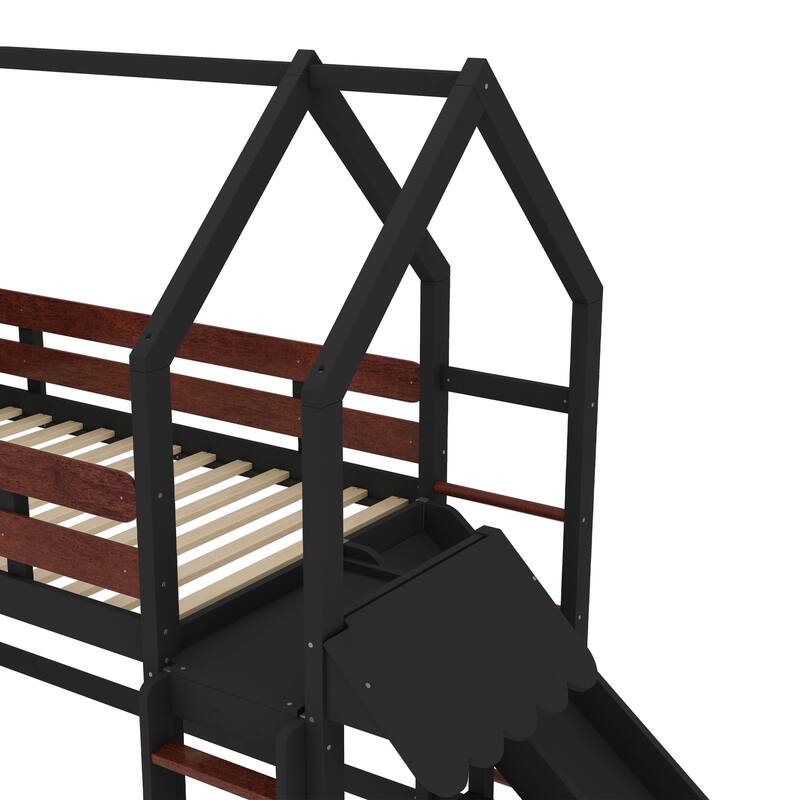 Roomfitters House Loft Bed with Slide and Bookshelf, Star Moon Roof Design