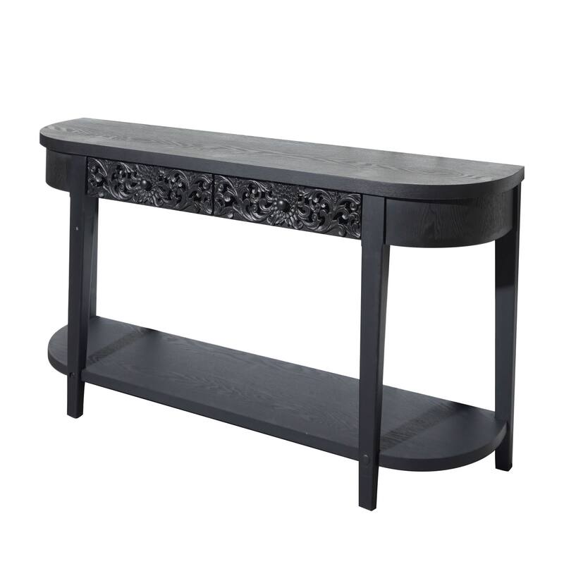 Roomfitters Carved Console Table with Lower Shelf, 59.2" Entryway Table with 2 Drawers, Engineered Wood, Black Finish