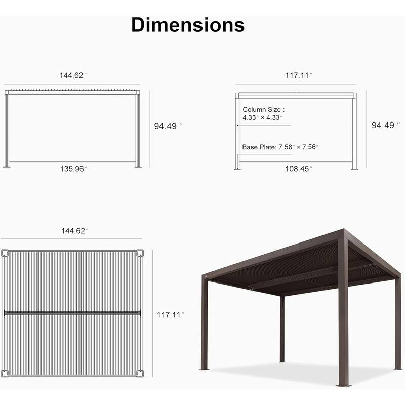 PURPLE LEAF Bronze Louvered Pergola with Adjustable Roof for Deck Backyard Garden Hardtop Gazebo