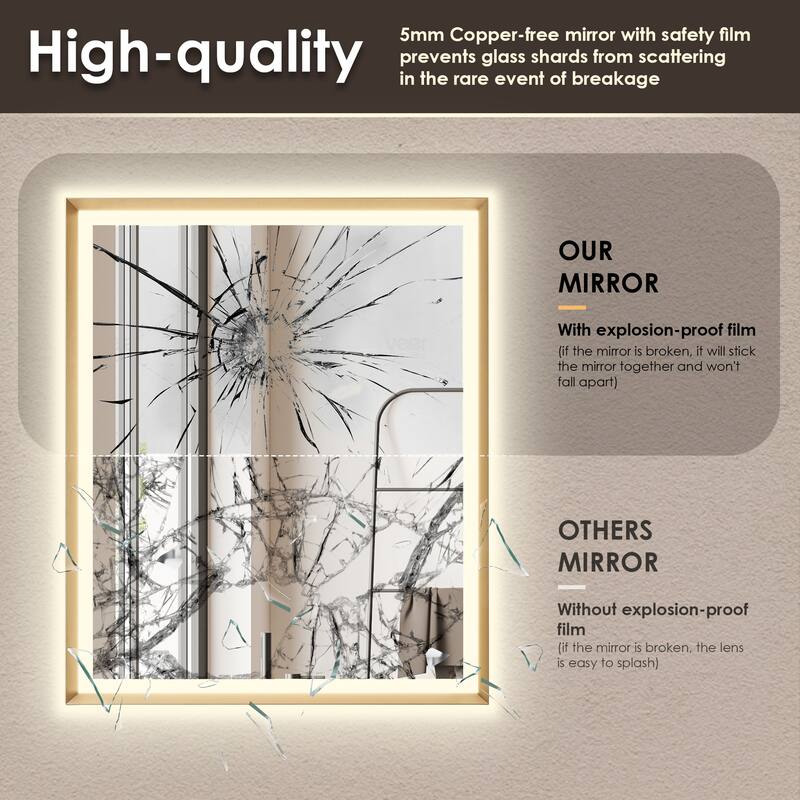 Apollo Rectangular Anti-Fog Dimmable Modern Bathroom/Vanity LED Lighted Wall Mirror in Brushed Gold Aluminum Framed