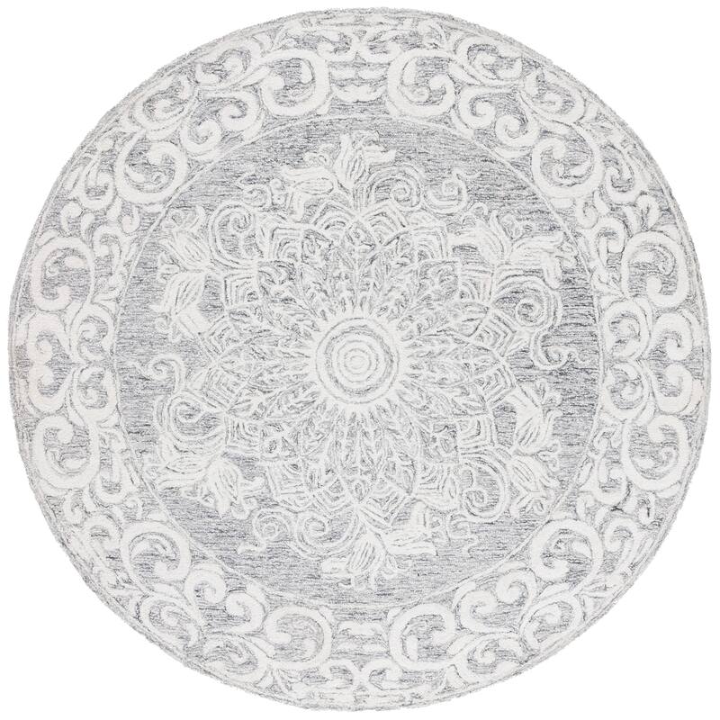 SAFAVIEH Handmade Abstract Ermilia Floral Scroll Wool Rug - 6' Round - Ivory/Light Grey