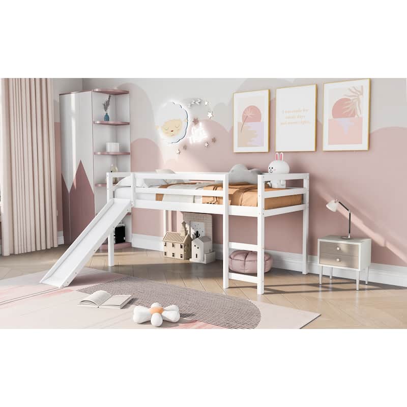 White Twin Size Solid Wood Loft Bed with Slide, Fence and Multifunctional Design for Bedroom