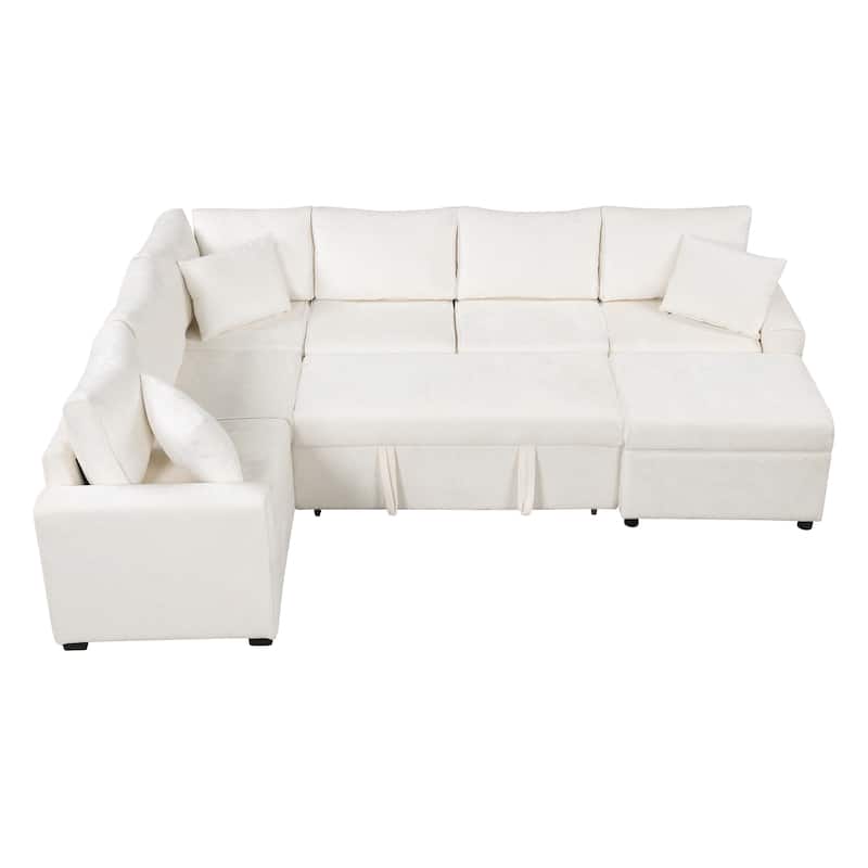 112.2" Chenille Sectional Sleeper Sofa 6-Seat Pull-Out Bed with Storage Ottoman and Charging Ports