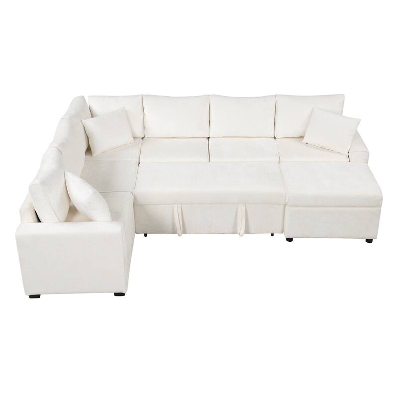 112.2" L-Shaped 6 Seater Sectional Sofa with Pull-Out Bed, Storage Ottoman, 3 Back Pillows, and USB Charging Ports