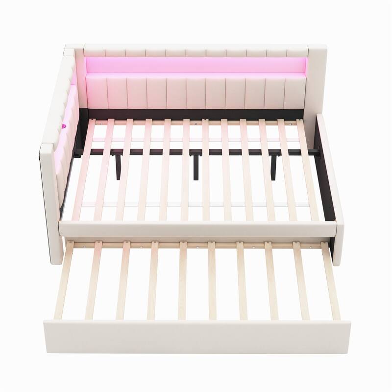 Platform Bed Linen Upholstered Daybed with L-shaped Headboard USB Ports and Light for Night's Sleep, Choose 2 Drawer or Trundle