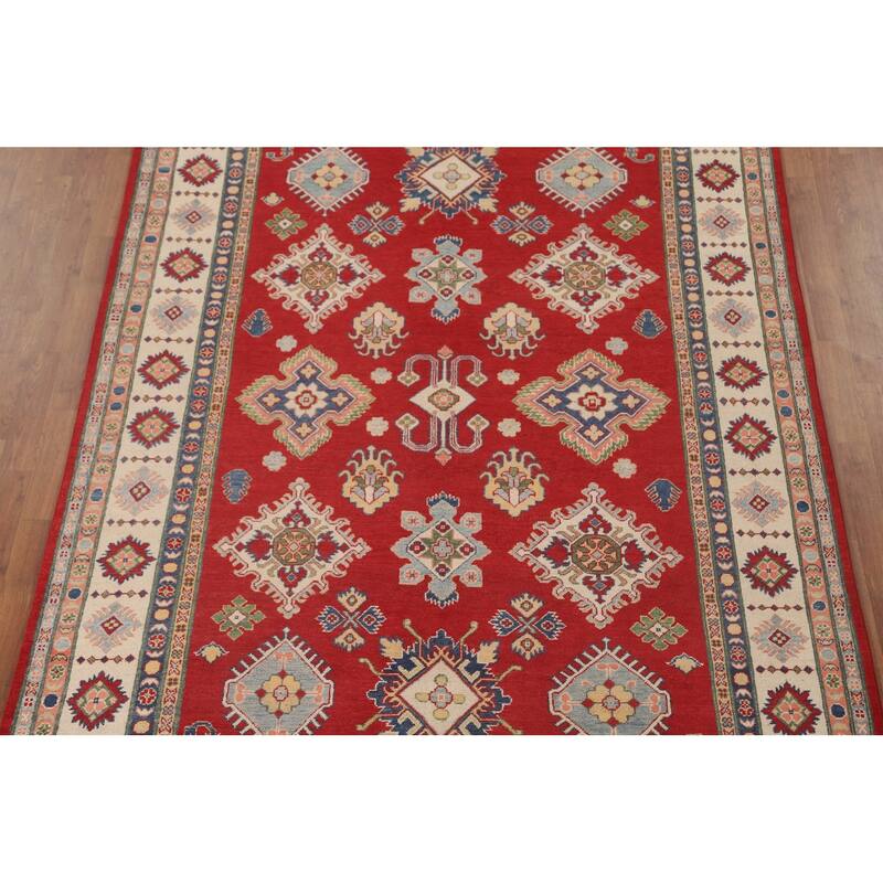 Red Geometric Kazak Living Room Area Rug Handmade Wool Carpet - 6'7" x 9'11"