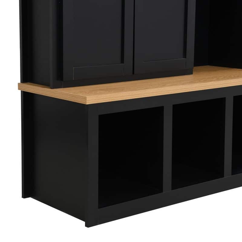 4-in-1 Hall Tree with 6 Hanging Hooks, Entryway Shoe Cabinet with Open Compartments, Wood Bench with Multiple Storage Space