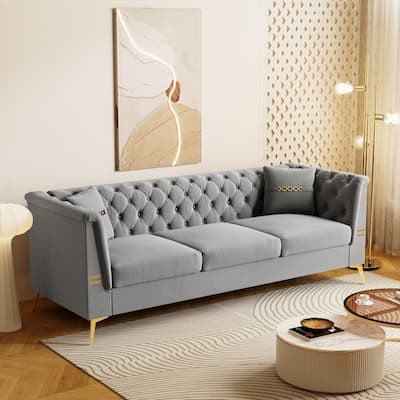Modern Tufted Velvet Sofa, 82.67" Mid-Century 3-Seater Couch with Gold Metal Legs & Pillows, Elegant Chesterfield-Style Sofa